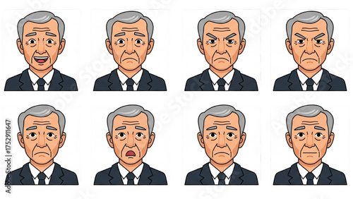 Senior Man Emotions Expressions Vector Set for Diverse Characters