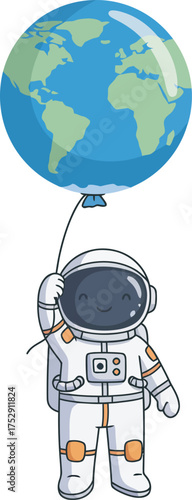 Cute cartoon astronaut in a spacesuit holding a string attached to a large balloon designed to look exactly like the planet Earth. Sweet, happy, and modern space-themed vector illustration for kids.