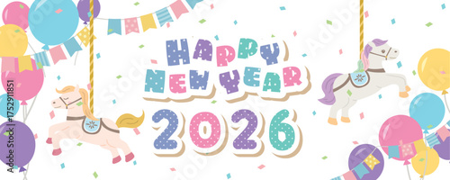 2026年午年　かわいい白馬の新年のバナー素材