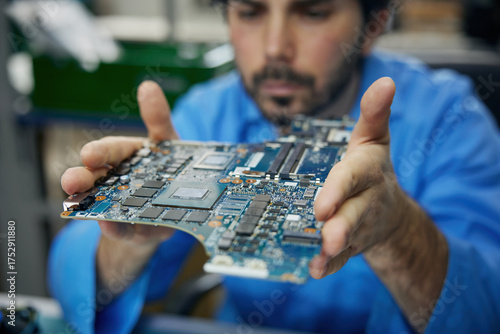 Closeup of a technician man worker is wearing a blue shirt holding a motherboard in his hands