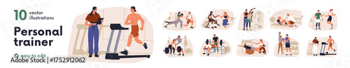 Sports workout with professional coach supervision set. Individual fitness instructor, personal trainer guiding gym session, physical exercises. Flat vector illustration isolated on white background