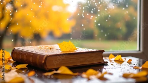Autumn leaves book window