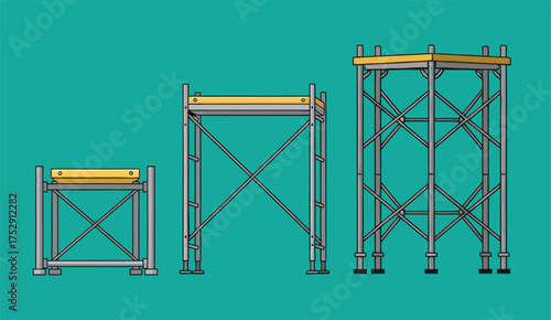 Three types of scaffolding systems, each designed for varying construction needs and heights