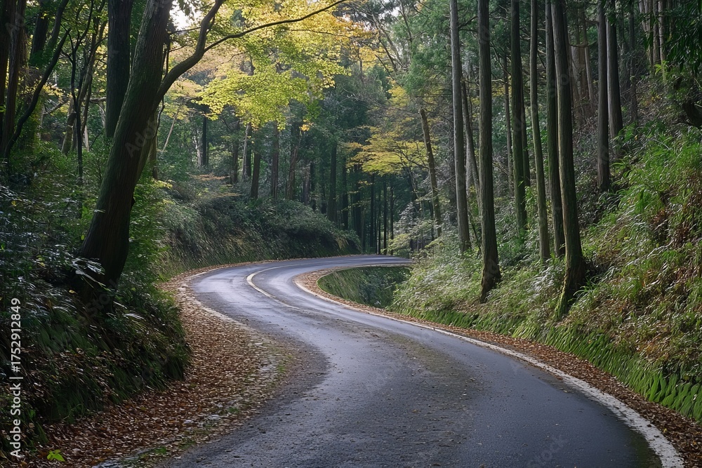 Obraz premium Winding road through autumn forest