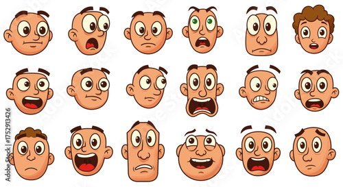 Cartoon character faces expressing various emotions and expressions on a white background