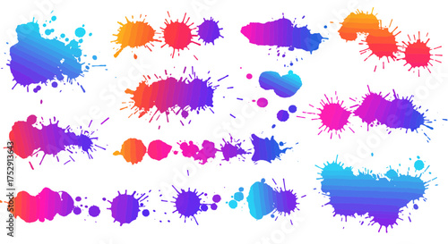 Colorful gradient paint splatters, ink spots and stains for artistic design