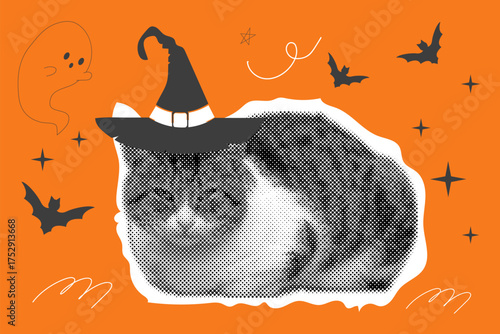 Halloween collage cat with witch hat torn paper, bat, ghost, doodle swirl background. Retro y2k poster, banner. Trick or treat spooky trendy poster.