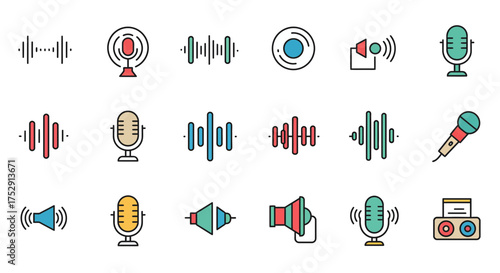 Colorful Vector Illustration of Audio and Voice Elements for Media Production