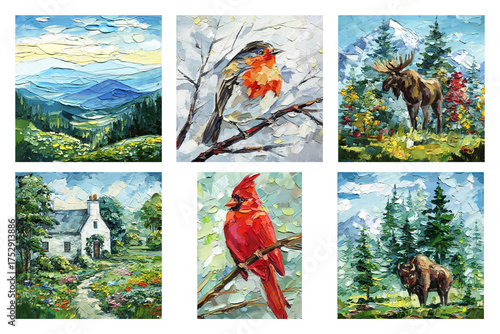 Wildlife and landscape oil painting set impasto textured artwork with birds animals cottage mountains forest nature scenes