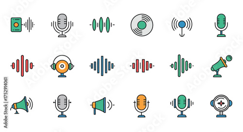 Diverse audio and broadcasting element icon set showcasing communication and technology