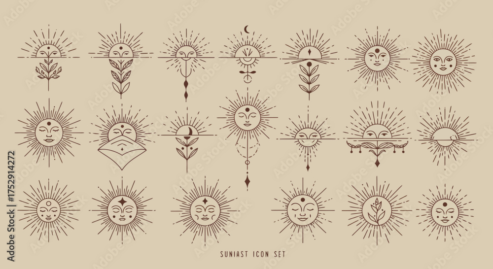 Fototapeta premium Elegant Sun Icons Set in Boho Style with Sun Face and Geometric Elements