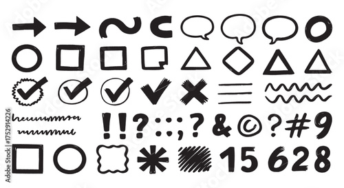 Set of handdrawn symbols, shapes, and punctuation marks isolated on white background