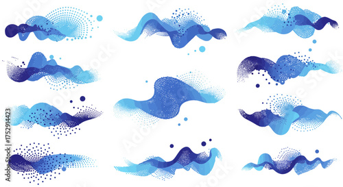 Set of Abstract Blue Wave Design Elements with Halftone Patterns on White Background