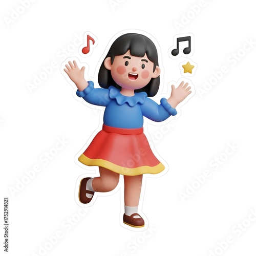 Joyful 3D cartoon girl dancing and singing with musical notes and star, perfect for children's entertainment and educational projects