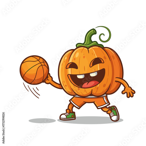 A cheerful, jack-o'-lantern pumpkin character wearing shorts and sneakers while playing basketball.