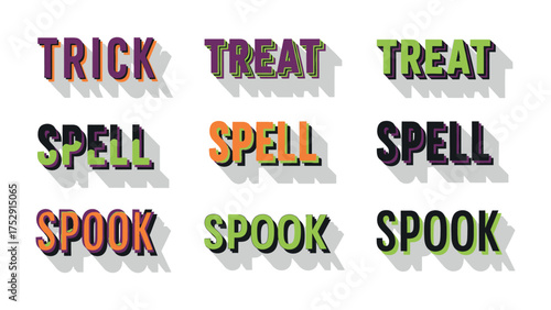 Halloween Words and Shadowed Delight: A playful arrangement of Halloween-themed words with colorful lettering and matching shadows create an inviting and eerie design, ideal for holiday projects.