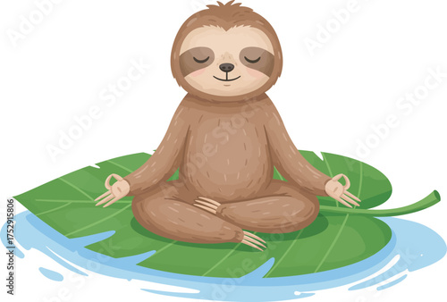 Cute cartoon sloth sitting peacefully in the lotus pose (Padmasana) on a large lily pad floating on the water, performing yoga and meditation. Relaxing, humorous, and sweet vector illustration.