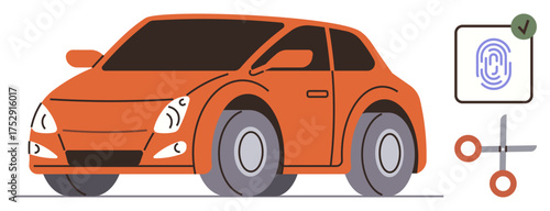Orange vehicle with rounded design, secure fingerprint access panel, and crossed car key graphic. Ideal for technology, security, innovation, automation, transportation, modern lifestyle simple flat