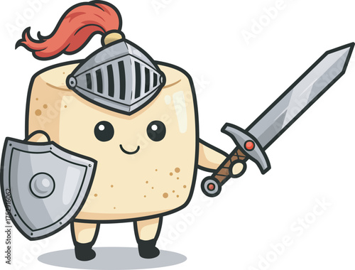 Adorable marshmallow knight cartoon character wearing a metal helmet and holding a shield and sword. Cute, funny, and unique vector illustration for themes of food, fantasy, gaming, and sweet protect.