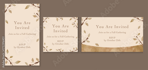 水彩の枯れ枝 "You Are Invited" Fall Leaf Gathering Invitation Set