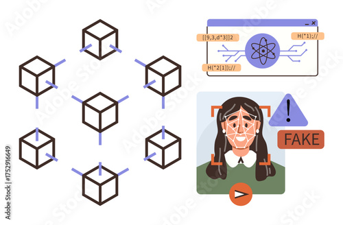 Blockchain network with connected cubes, AI-informed algorithms processing data, and facial recognition detecting deepfake content. Ideal for technology, cybersecurity, AI, fraud, education
