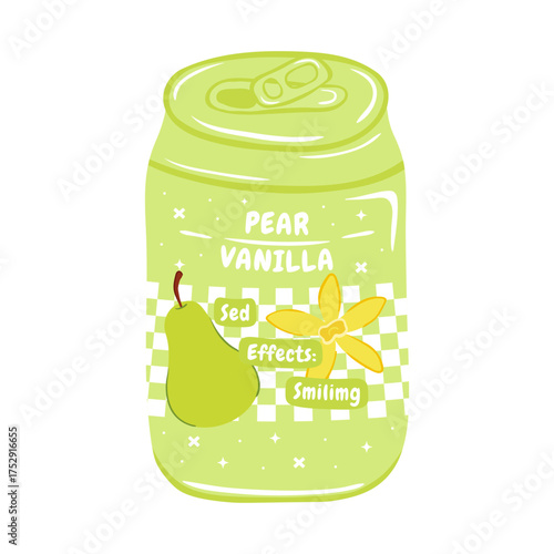 Soda in aluminum can with pear and vanilla flavor. Vector illustration in hand drawn style. Soft drink for advertising, posters, packaging and merch