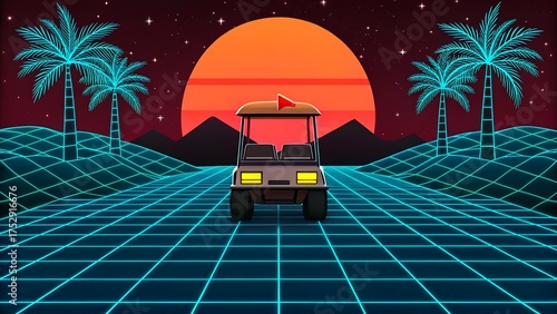 Golf cart driving toward sunset in retro neon grid landscape
