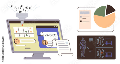 Computer screen with data funnel, invoice and document analysis, pie chart, and medical scans. Ideal for technology, finance, healthcare, automation, data analysis innovation research concepts