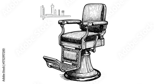 Barber chair in hair salon — engraving sketch hand drawn black white vintage illustration vector