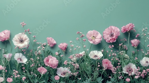 Beautiful Pink Ranunculus and Wildflowers on a Soft Green Background.