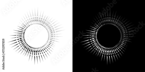 Dynamic abstract spiral sound wave rhythm lines. Circular spiral sound wave rhythm of lines. Circular futuristic abstract lines, black and white background.	
