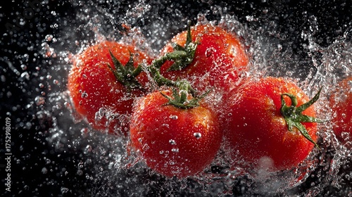 Fresh red tomatoes being splashed with water against a dark background, showing vibrant color and refreshing crispness for healthy recipes