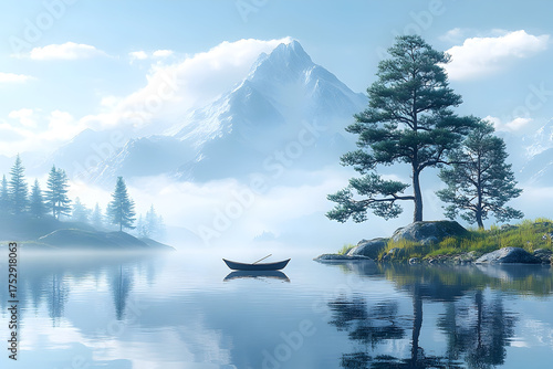 Serene Mountain Lake Scene with Boat, Trees, and Misty Reflectio