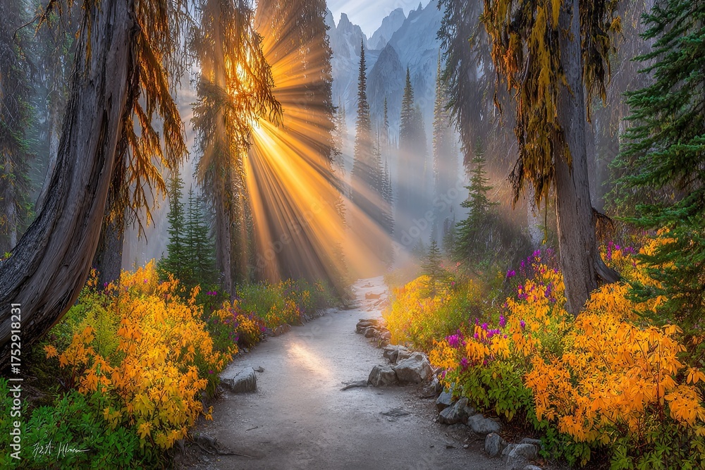 Obraz premium Radiant sunbeams stream through misty forest path