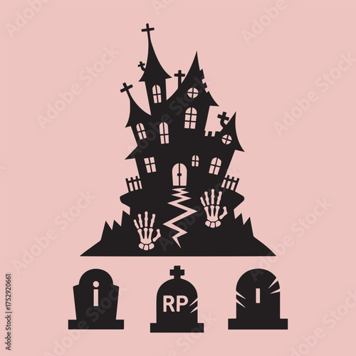 hunter horror halloween bat house with rip flat vector icon on pink background illustrator