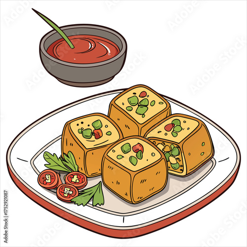 Paneer pakora with tomato sauce, indian snack