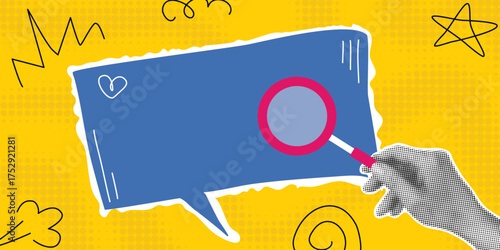 Solution search and optimization collage. Modern composite banner with doodle elements, halftone background and hand holding magnifying glass. Vector graphics