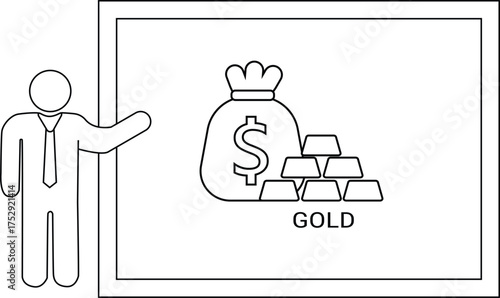 Man presents a whiteboard with a money bag gold bars and the word GOLD