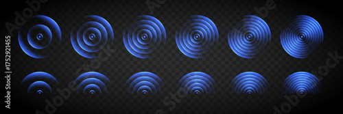 Sound wave rings. Glowing neon blue wifi, wireless network, signal circles with futuristic motion ripple effect isolated on transparent background. Tech abstract vector illustration.