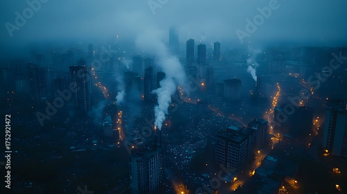 Misty cityscape with illuminated streets and rising smoke plumes
