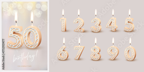 Birthday anniversary beige candles set template with number 50. Celebration birthday vector background. Beige wax numbers with candlelight on gray for party invitation, greeting card, poster, event.