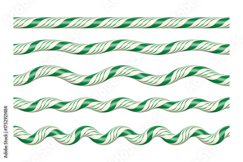 Green and white candy cane ropes in various wave patterns. Festive twisted lines with increasing curvature for Christmas borders, dividers, decorative holiday designs. Realistic vector illustrations.