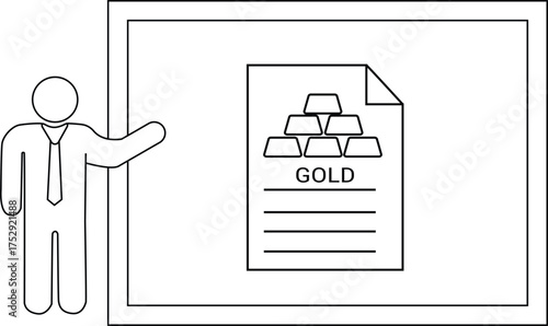 Person presenting on gold shown on paper within a framed board