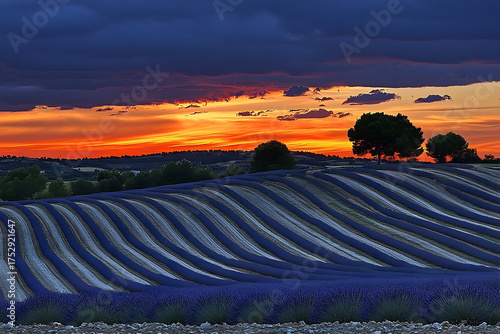 Sunset Hues Over Lavender Fields Striated Landscape