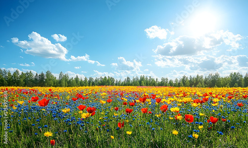 Vibrant wildflower meadow under a bright sky with scattered clou