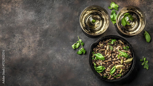 Fototapeta Naklejka Na Ścianę i Meble -  Overhead Shot of Quinoa Dish with White Wine and Herbs
