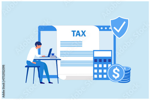 Online tax filing concept, businessman filling tax form documents online vector illustratio
