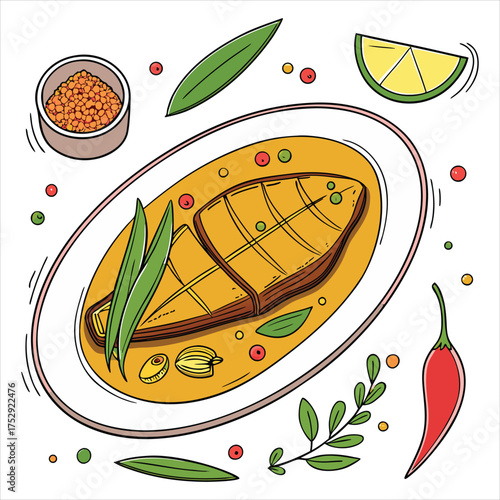 Bengali fish curry, indian dish vector art