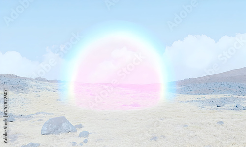 Ethereal landscape with pastel rainbow aura, pale terrain and cl