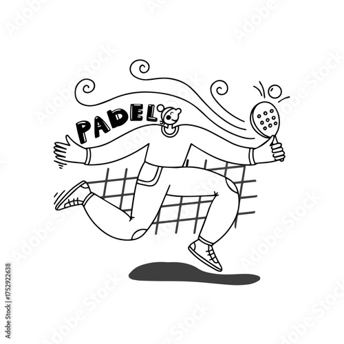 A fun black and white vector illustration of a person playing padel